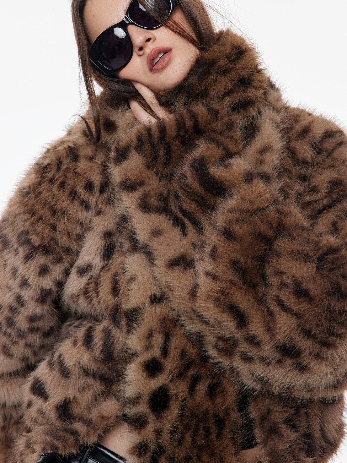BUM STUDIO Leopard Print Reversible Waxed Pu Patchwork Women's Polyester Faux Fur Coats