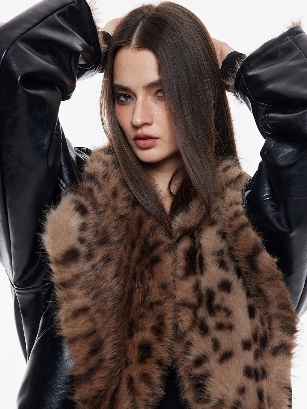 BUM STUDIO Leopard Print Reversible Waxed Pu Patchwork Women's Polyester Faux Fur Coats