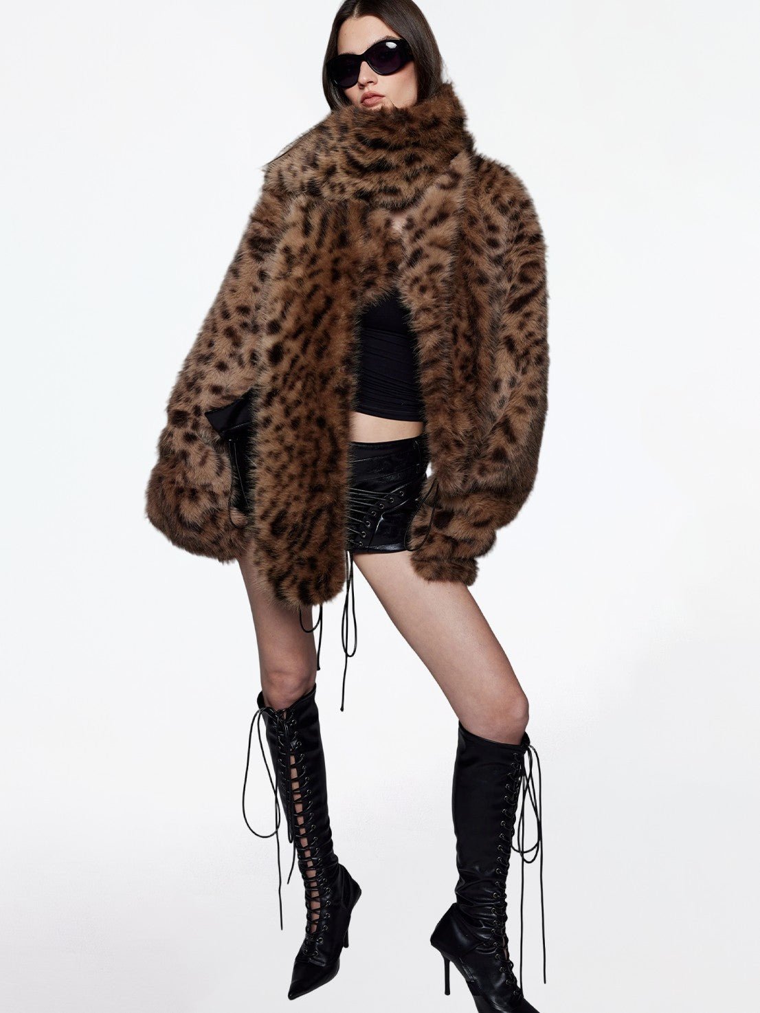 BUM STUDIO Leopard Print Reversible Waxed Pu Patchwork Women's Polyester Faux Fur Coats