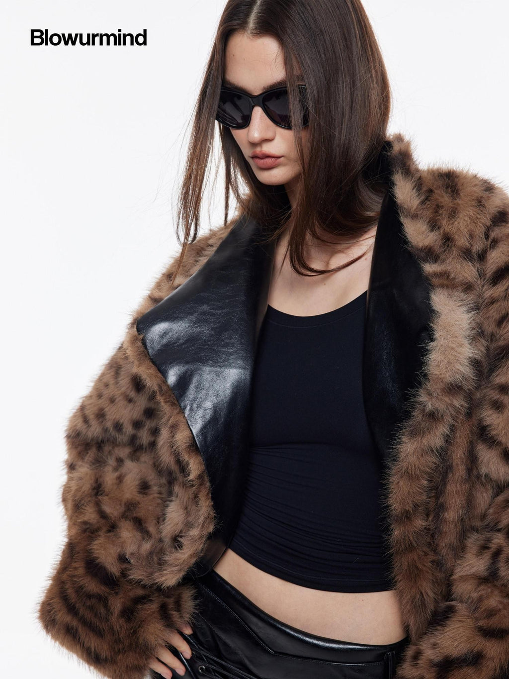 BUM STUDIO Leopard Print Reversible Waxed Pu Patchwork Women's Polyester Faux Fur Coats
