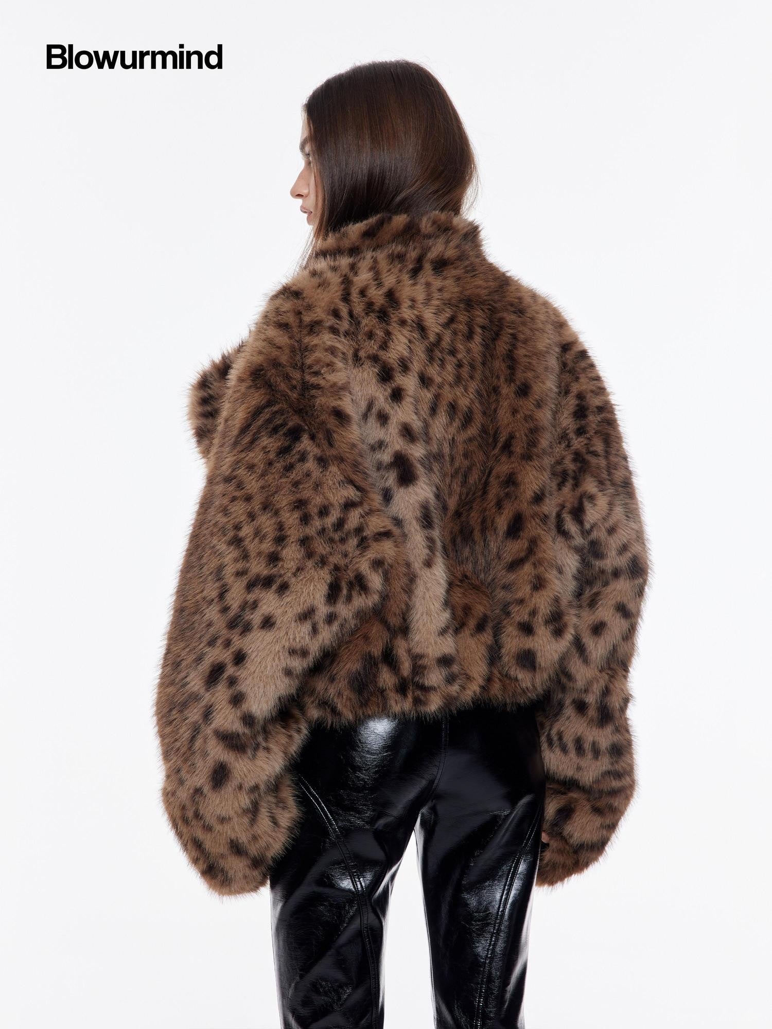 BUM STUDIO Leopard Print Reversible Waxed Pu Patchwork Women's Polyester Faux Fur Coats