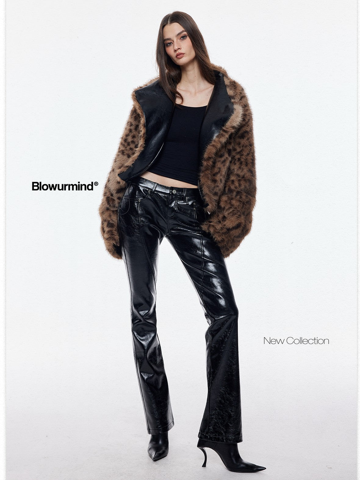 BUM STUDIO Leopard Print Reversible Waxed Pu Patchwork Women's Polyester Faux Fur Coats