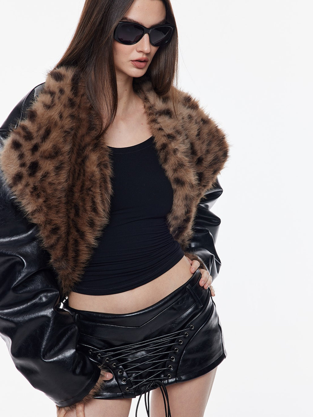 BUM STUDIO Leopard Print Reversible Waxed Pu Patchwork Women's Polyester Faux Fur Coats