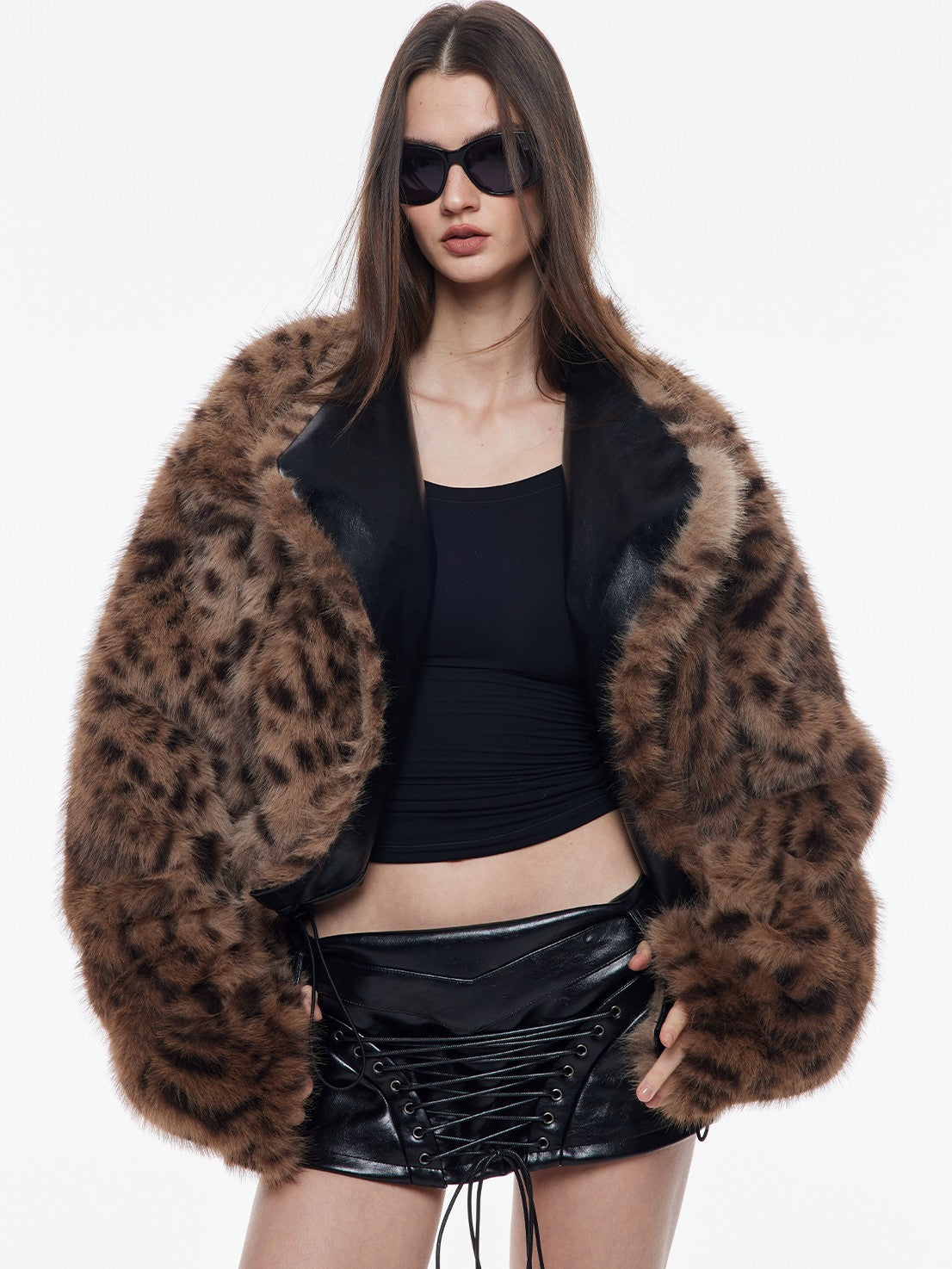 BUM STUDIO Leopard Print Reversible Waxed Pu Patchwork Women's Polyester Faux Fur Coats
