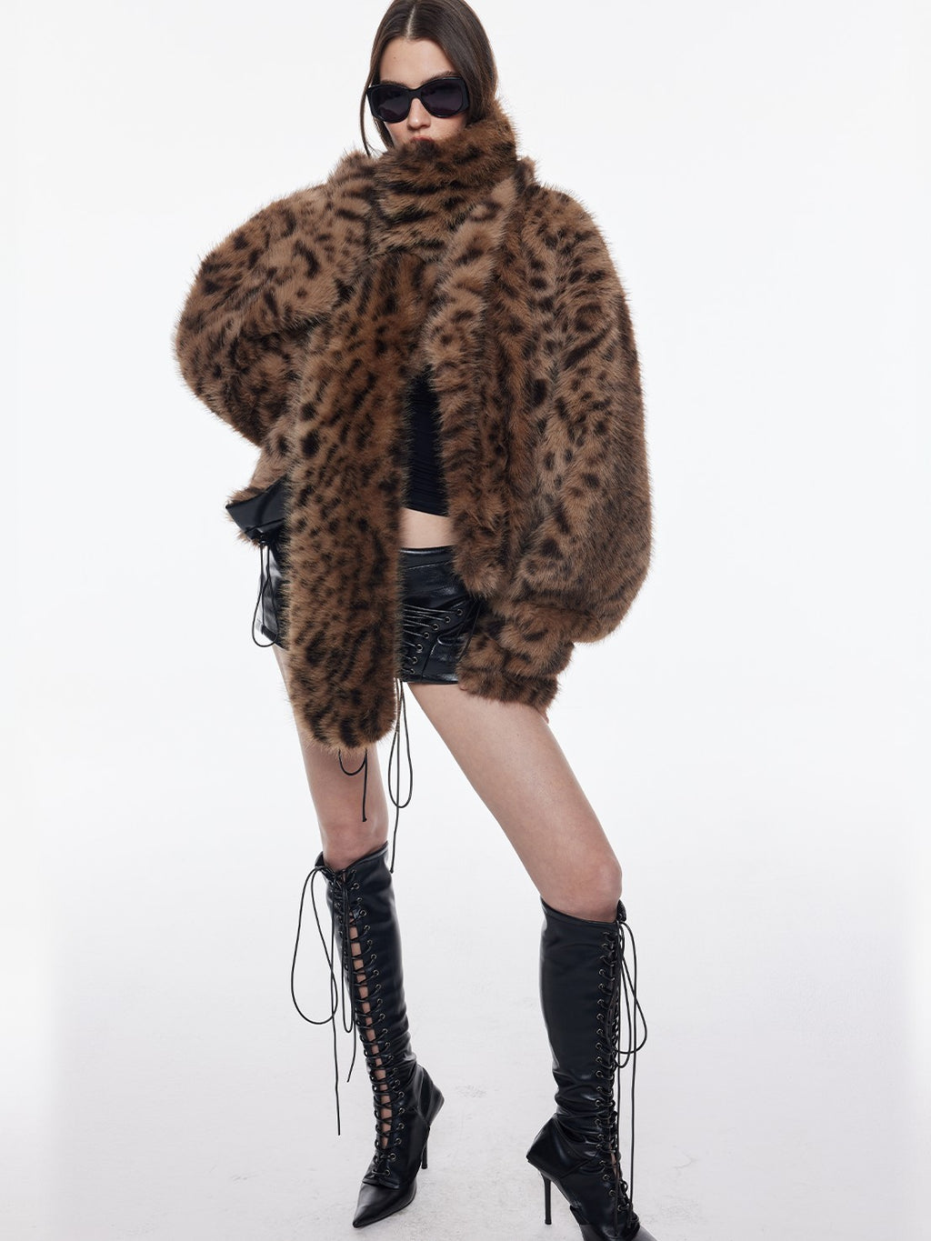 BUM STUDIO Leopard Print Reversible Waxed Pu Patchwork Women's Polyester Faux Fur Coats