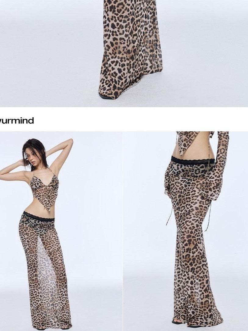 BUM STUDIO Leopard Print Tulle Mesh Built In Shorts Elastic Low Rise Women's Mermaid Skirts