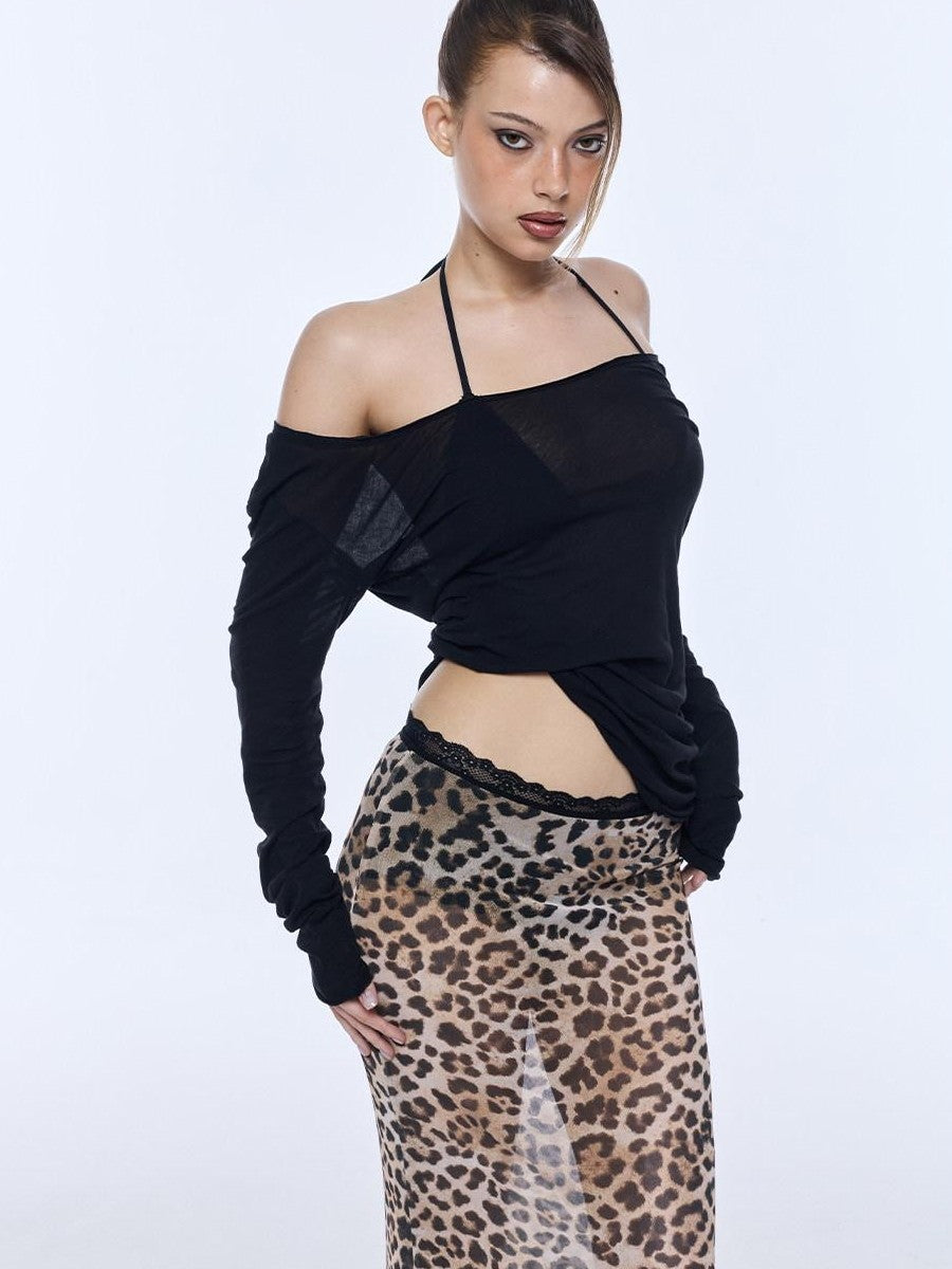 BUM STUDIO Leopard Print Tulle Mesh Built In Shorts Elastic Low Rise Women's Mermaid Skirts