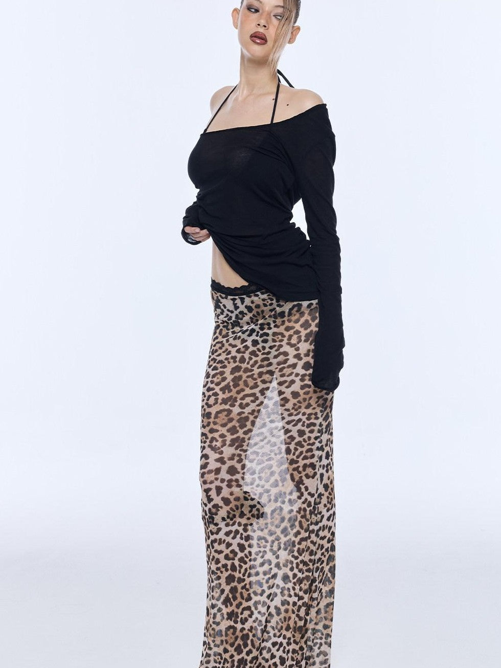 BUM STUDIO Leopard Print Tulle Mesh Built In Shorts Elastic Low Rise Women's Mermaid Skirts