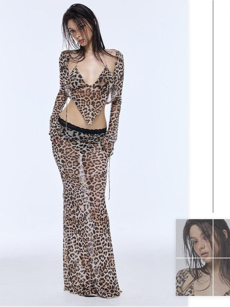 BUM STUDIO Leopard Print Tulle Mesh Built In Shorts Elastic Low Rise Women's Mermaid Skirts
