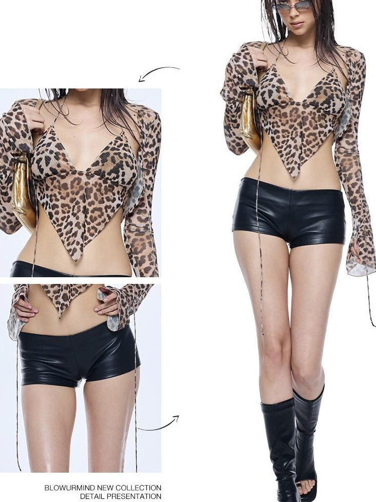 BUM STUDIO Leopard Print Tulle Mesh Built In Shorts Elastic Low Rise Women's Mermaid Skirts