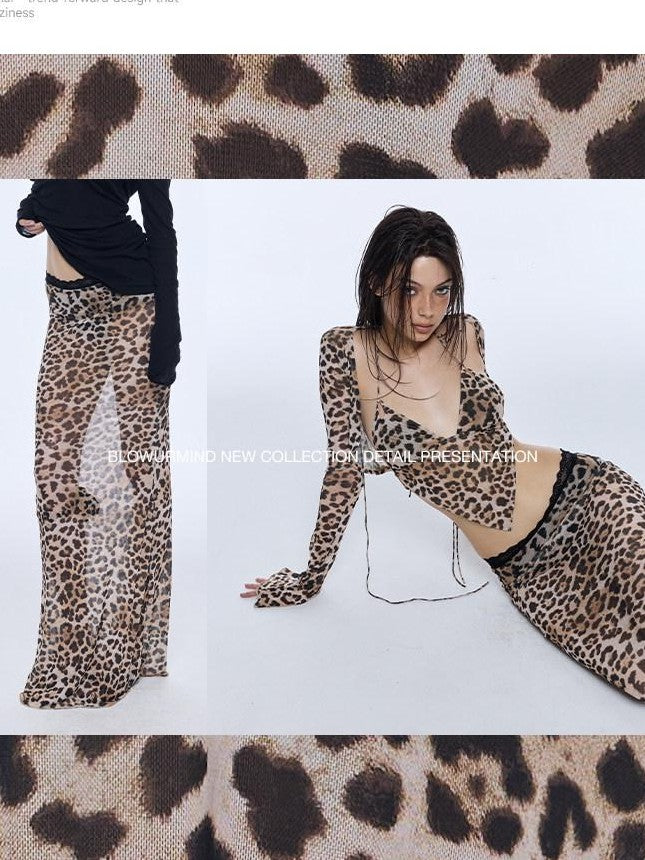 BUM STUDIO Leopard Print Tulle Mesh Built In Shorts Elastic Low Rise Women's Mermaid Skirts