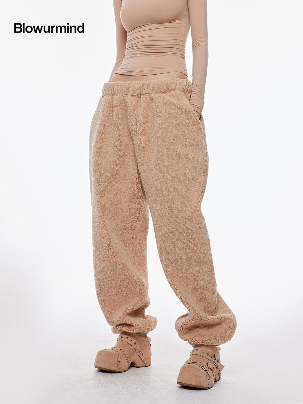 BUM STUDIO Light Coffee Asymmetrical Curved Hem High Waist Women's Fleece Pull-on Pants
