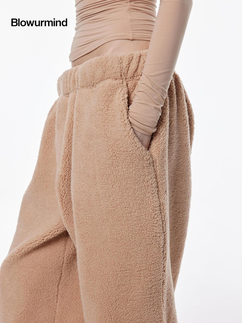 BUM STUDIO Light Coffee Asymmetrical Curved Hem High Waist Women's Fleece Pull-on Pants