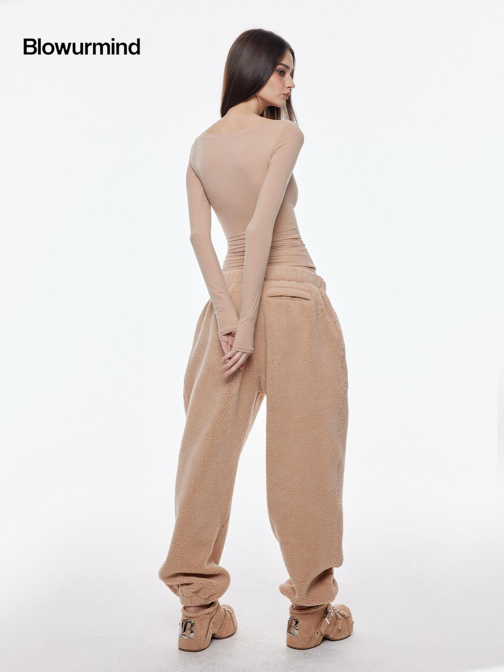 BUM STUDIO Light Coffee Asymmetrical Curved Hem High Waist Women's Fleece Pull-on Pants