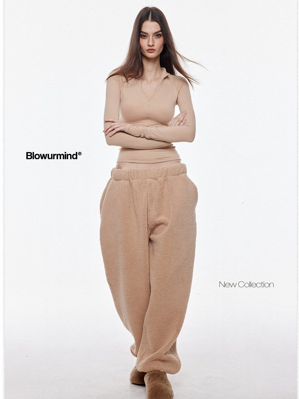 BUM STUDIO Light Coffee Asymmetrical Curved Hem High Waist Women's Fleece Pull-on Pants