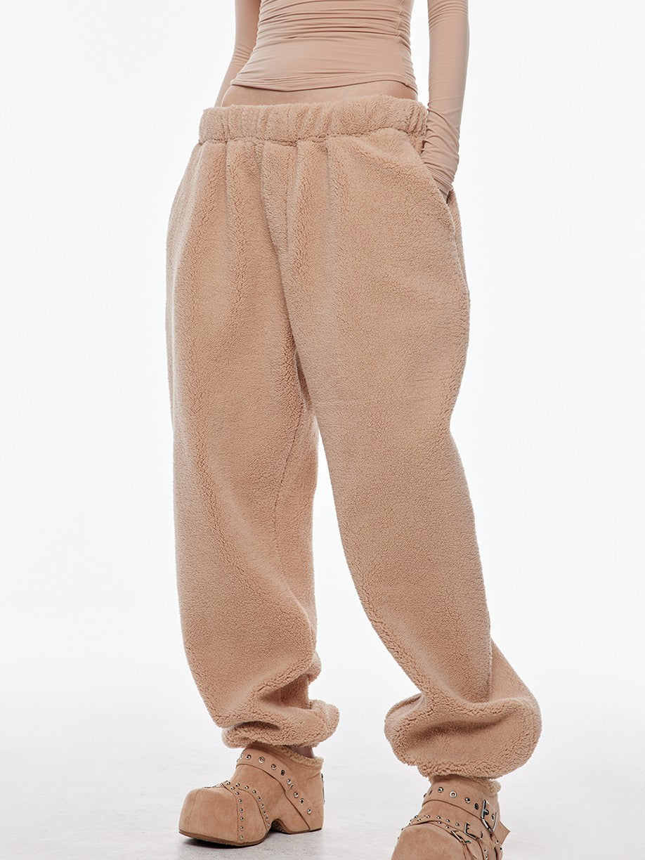 BUM STUDIO Light Coffee Asymmetrical Curved Hem High Waist Women's Fleece Pull-on Pants