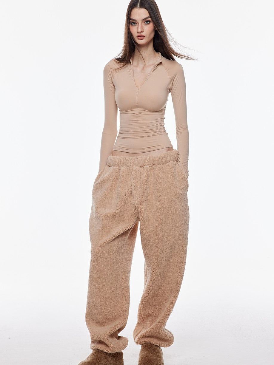 BUM STUDIO Light Coffee Asymmetrical Curved Hem High Waist Women's Fleece Pull-on Pants