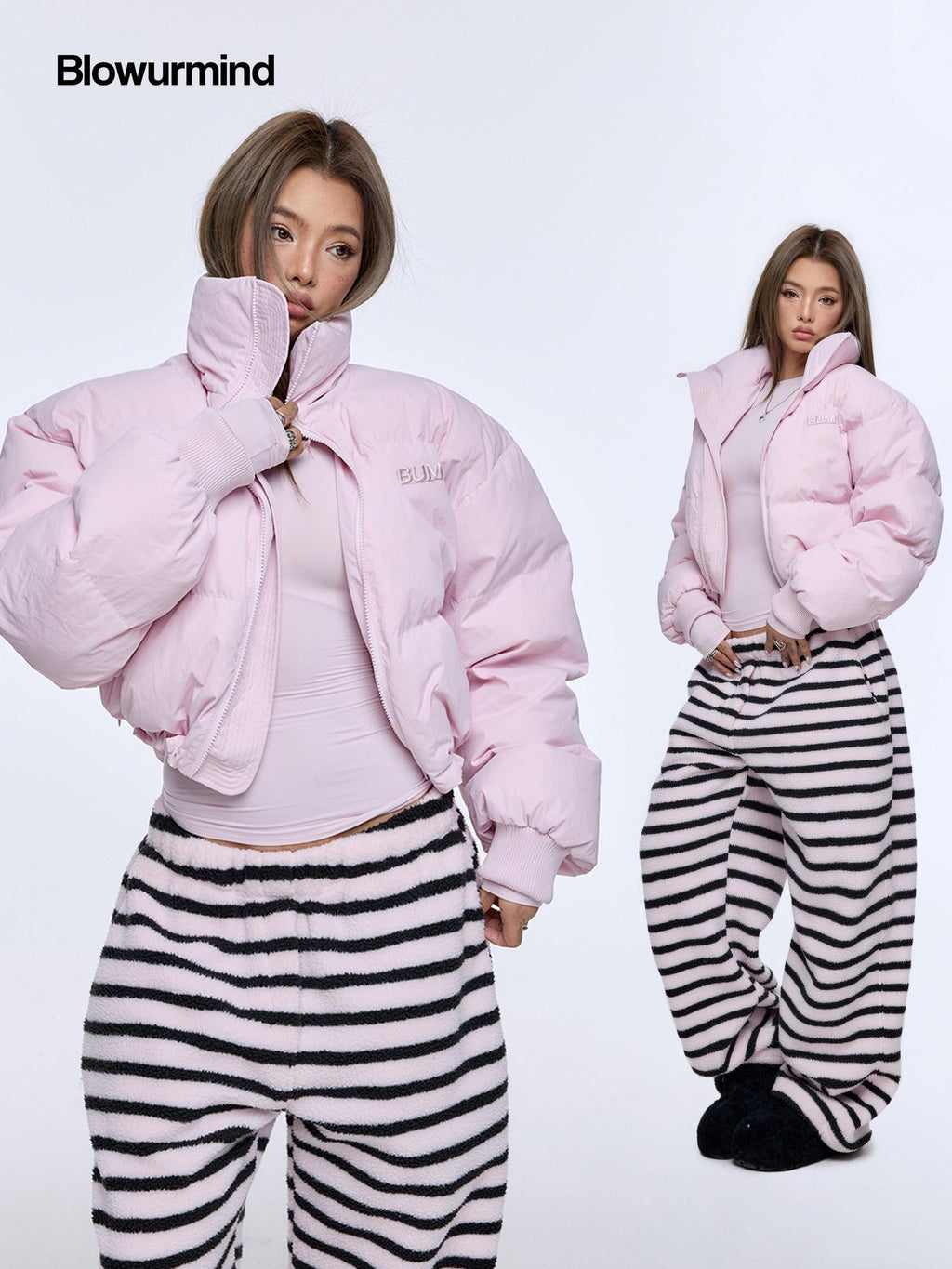BUM STUDIO Light Pink 3d Embroidery Adjustable Windproof Women's Polyester Puffer Jackets