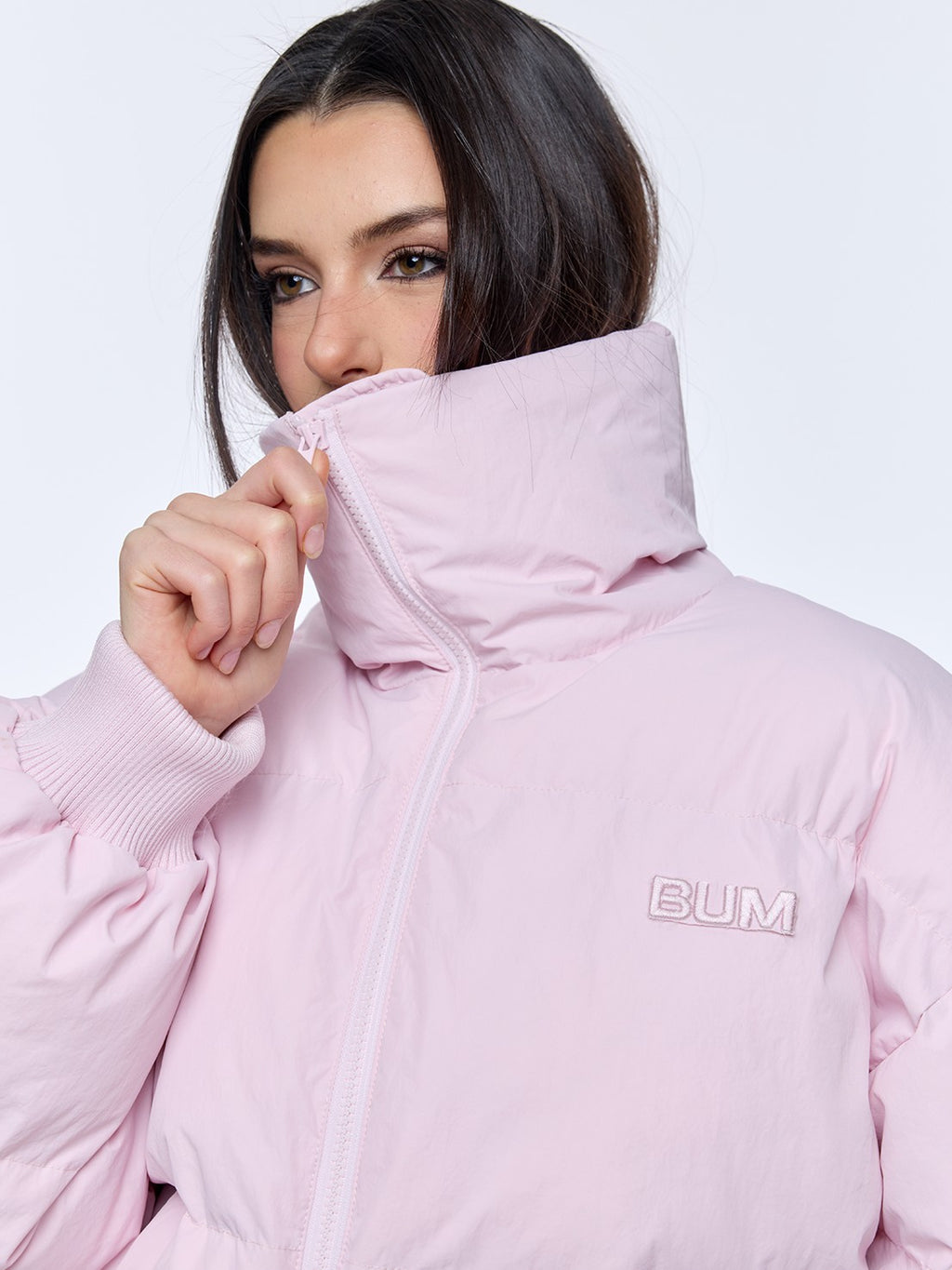 BUM STUDIO Light Pink 3d Embroidery Adjustable Windproof Women's Polyester Puffer Jackets