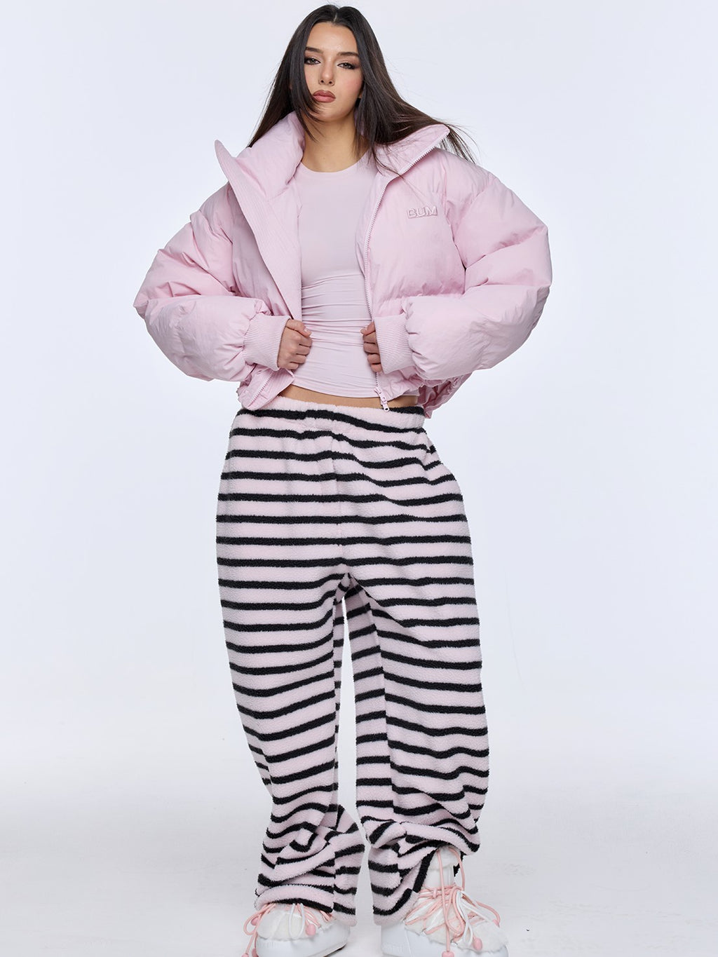 BUM STUDIO Light Pink 3d Embroidery Adjustable Windproof Women's Polyester Puffer Jackets