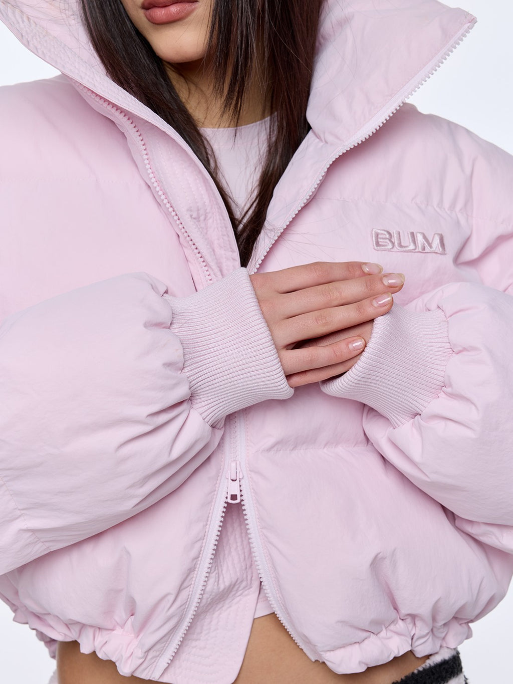 BUM STUDIO Light Pink 3d Embroidery Adjustable Windproof Women's Polyester Puffer Jackets
