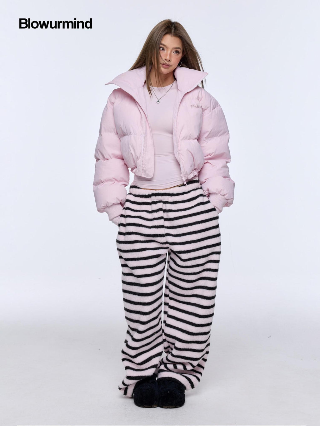 BUM STUDIO Light Pink 3d Embroidery Adjustable Windproof Women's Polyester Puffer Jackets