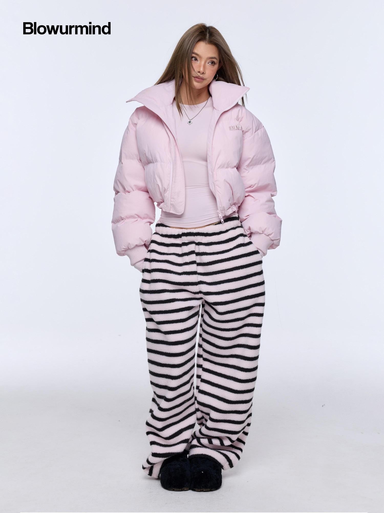 BUM STUDIO Light Pink 3d Embroidery Adjustable Windproof Women's Polyester Puffer Jackets
