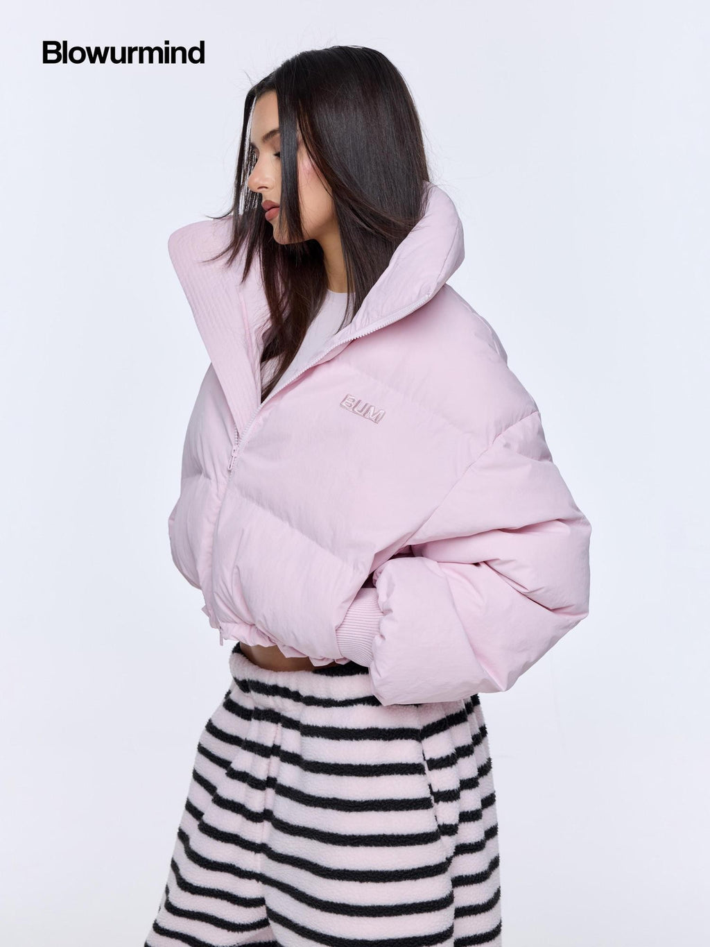 BUM STUDIO Light Pink 3d Embroidery Adjustable Windproof Women's Polyester Puffer Jackets