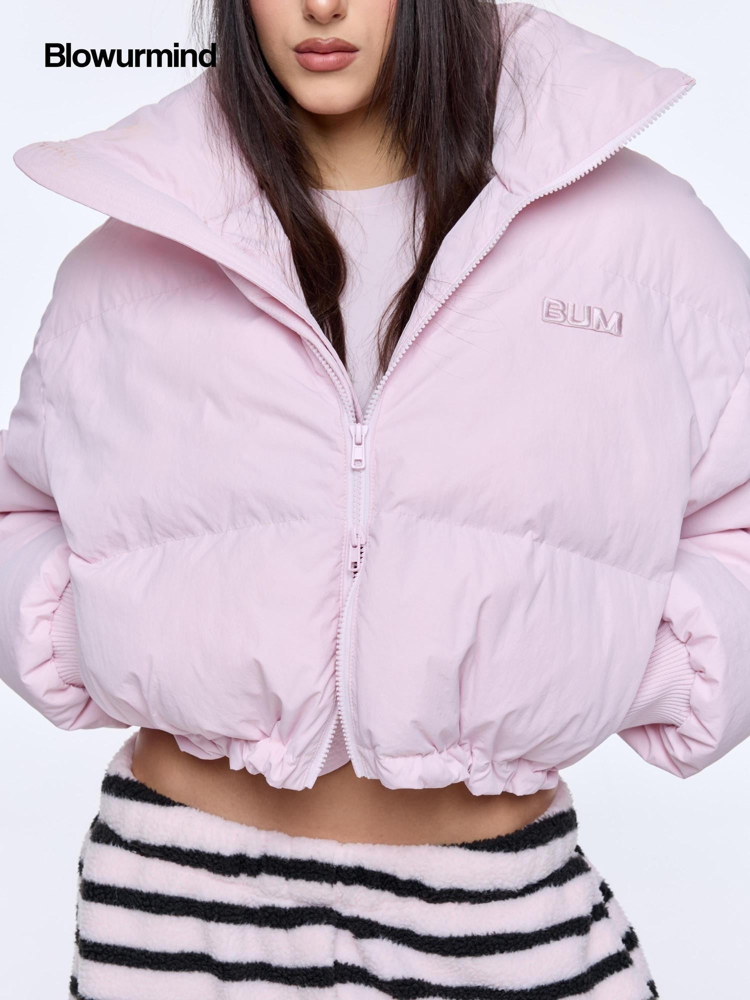 BUM STUDIO Light Pink 3d Embroidery Adjustable Windproof Women's Polyester Puffer Jackets