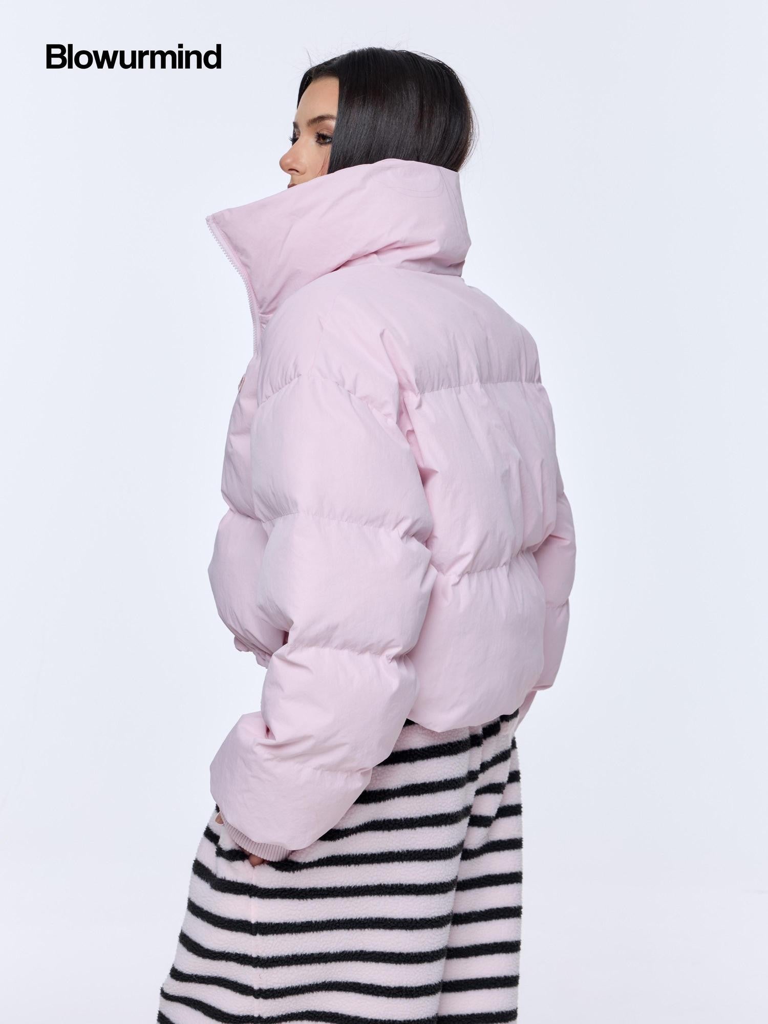 BUM STUDIO Light Pink 3d Embroidery Adjustable Windproof Women's Polyester Puffer Jackets