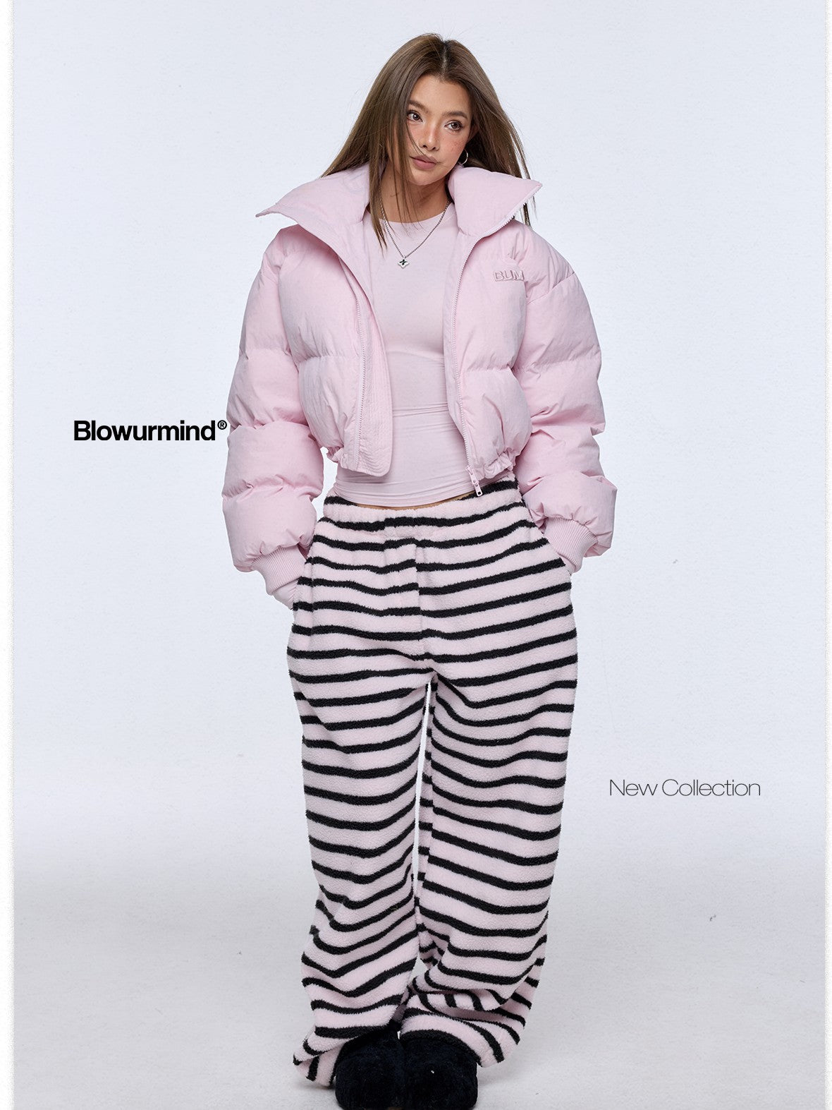BUM STUDIO Light Pink 3d Embroidery Adjustable Windproof Women's Polyester Puffer Jackets