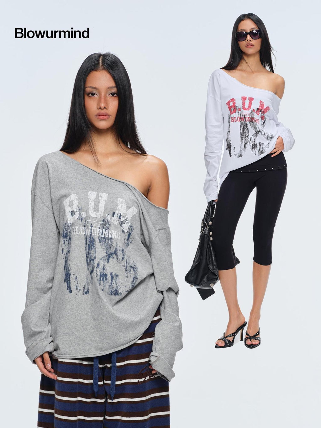 BUM STUDIO Loose Fit Asymmetric Neck Spray Print Logo Women's Cotton Long Sleeve T-shirts