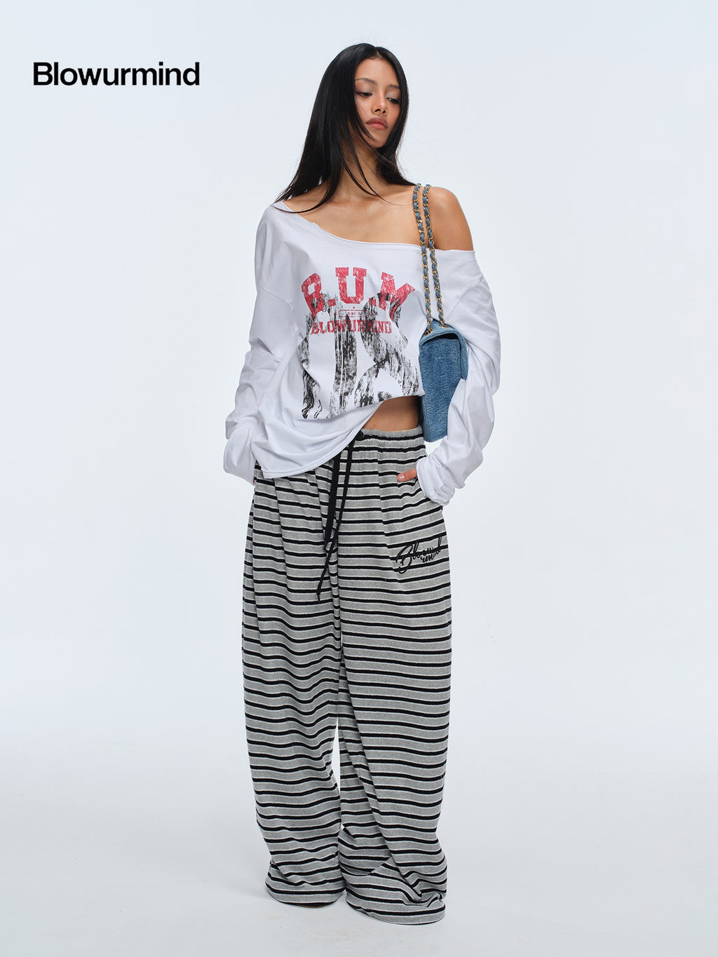 BUM STUDIO Loose Fit Asymmetric Neck Spray Print Logo Women's Cotton Long Sleeve T-shirts