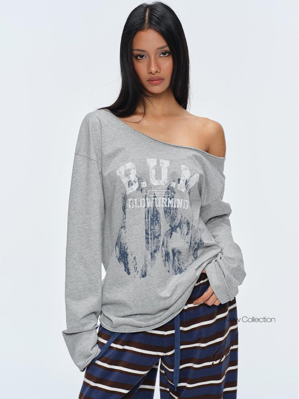 BUM STUDIO Loose Fit Asymmetric Neck Spray Print Logo Women's Cotton Long Sleeve T-shirts