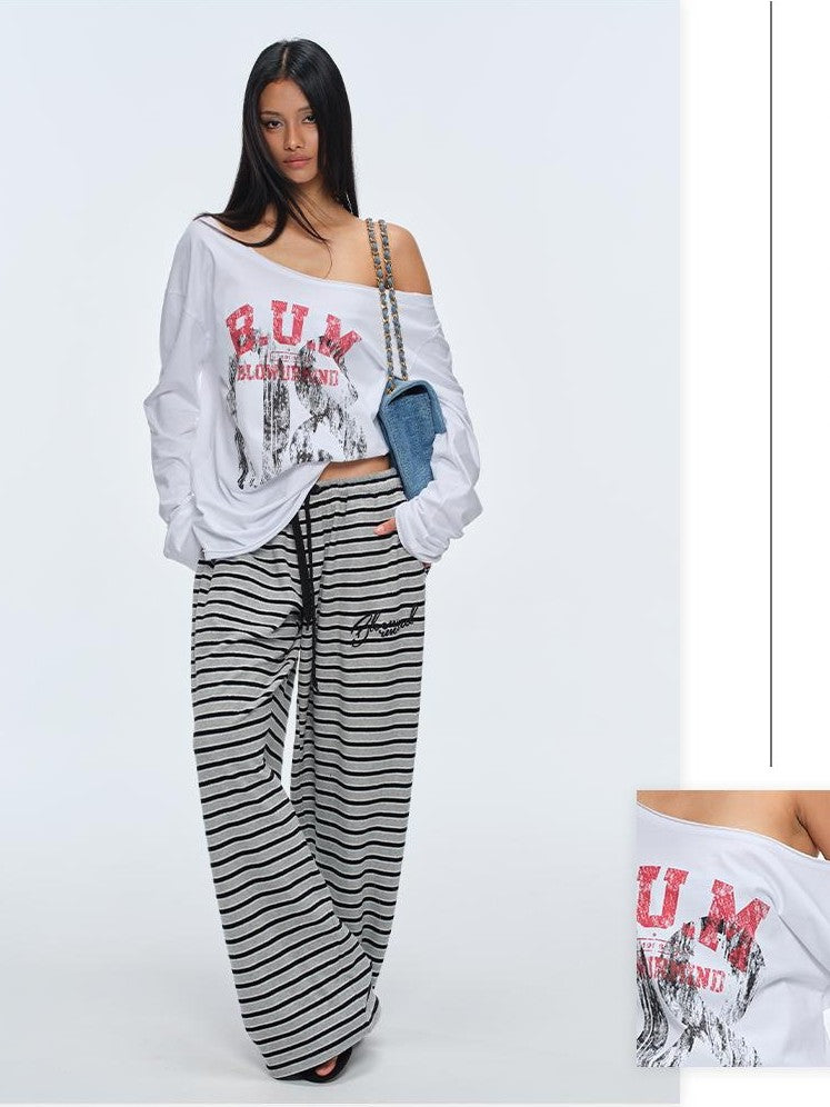 BUM STUDIO Loose Fit Asymmetric Neck Spray Print Logo Women's Cotton Long Sleeve T-shirts
