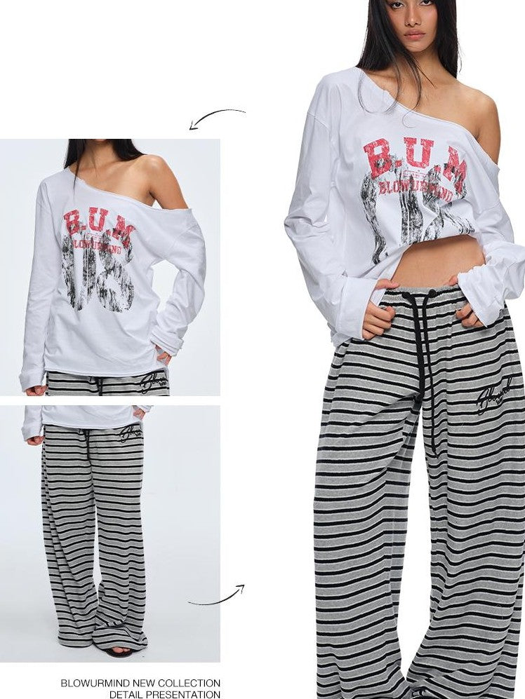 BUM STUDIO Loose Fit Asymmetric Neck Spray Print Logo Women's Cotton Long Sleeve T-shirts