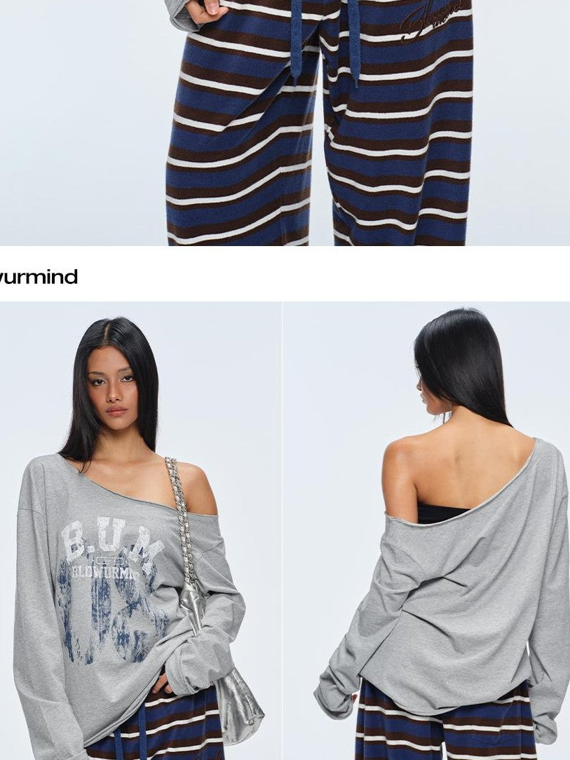 BUM STUDIO Loose Fit Asymmetric Neck Spray Print Logo Women's Cotton Long Sleeve T-shirts
