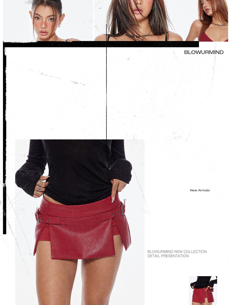 BUM STUDIO Low Waist Asymmetrical Slit Women's Faux Leather Nylon Blend Mini Skirts