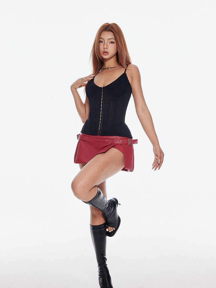 BUM STUDIO Low Waist Asymmetrical Slit Women's Faux Leather Nylon Blend Mini Skirts