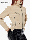 BUM STUDIO Matte Suede Effect Multi Pocket Zipper Slim Short Women's Pu Leather Jackets