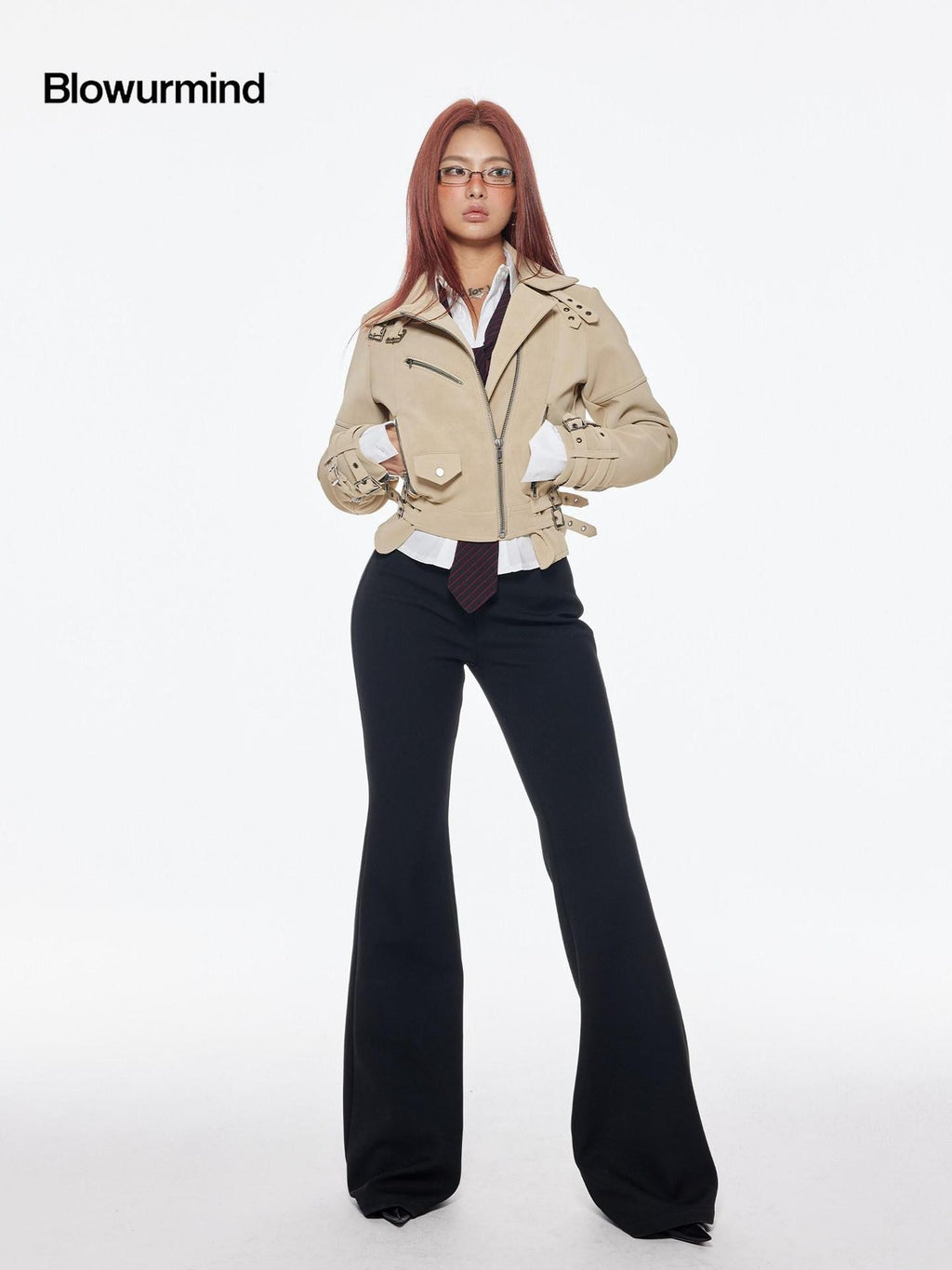 BUM STUDIO Matte Suede Effect Multi Pocket Zipper Slim Short Women's Pu Leather Jackets