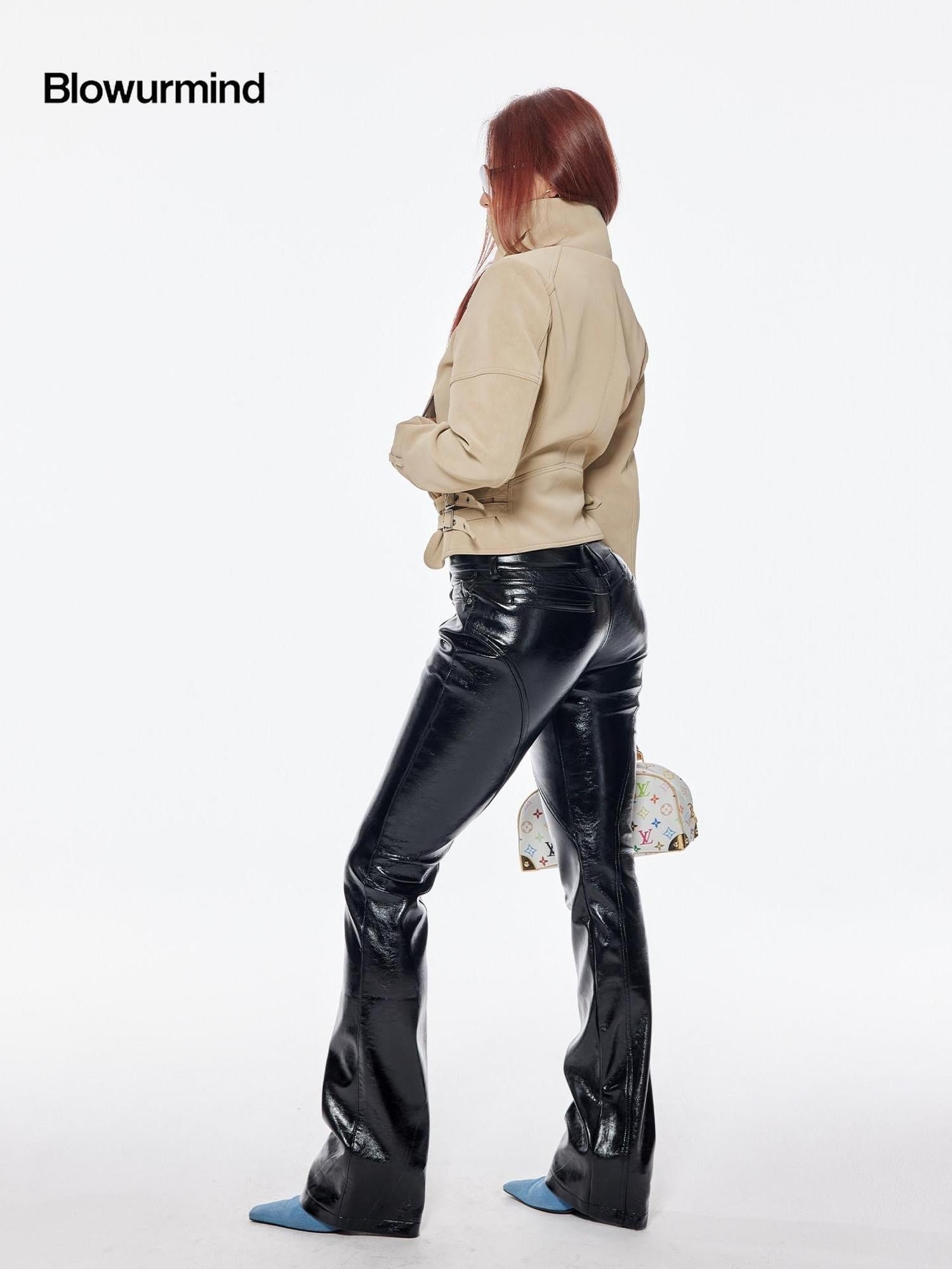 BUM STUDIO Matte Suede Effect Multi Pocket Zipper Slim Short Women's Pu Leather Jackets