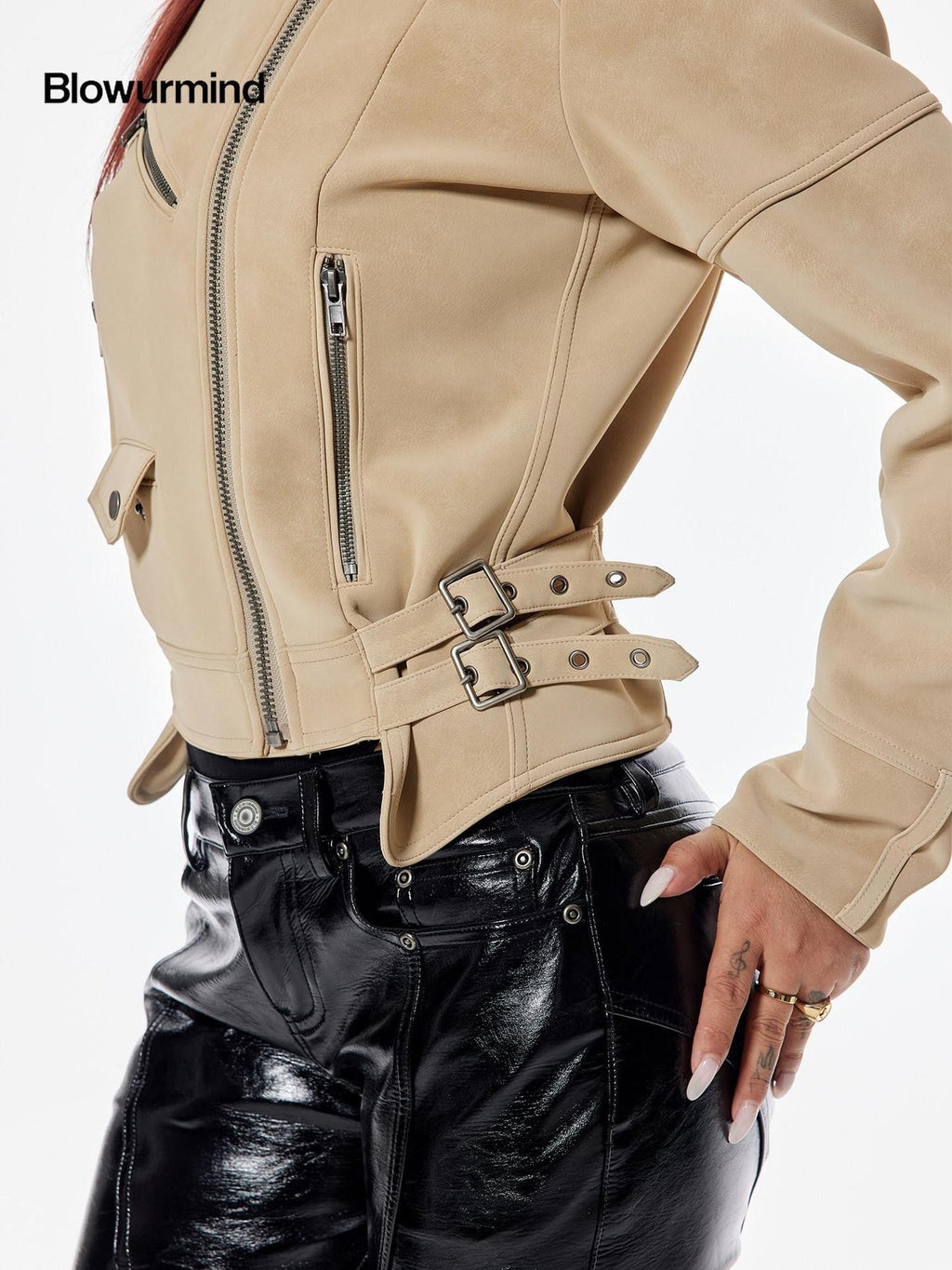 BUM STUDIO Matte Suede Effect Multi Pocket Zipper Slim Short Women's Pu Leather Jackets
