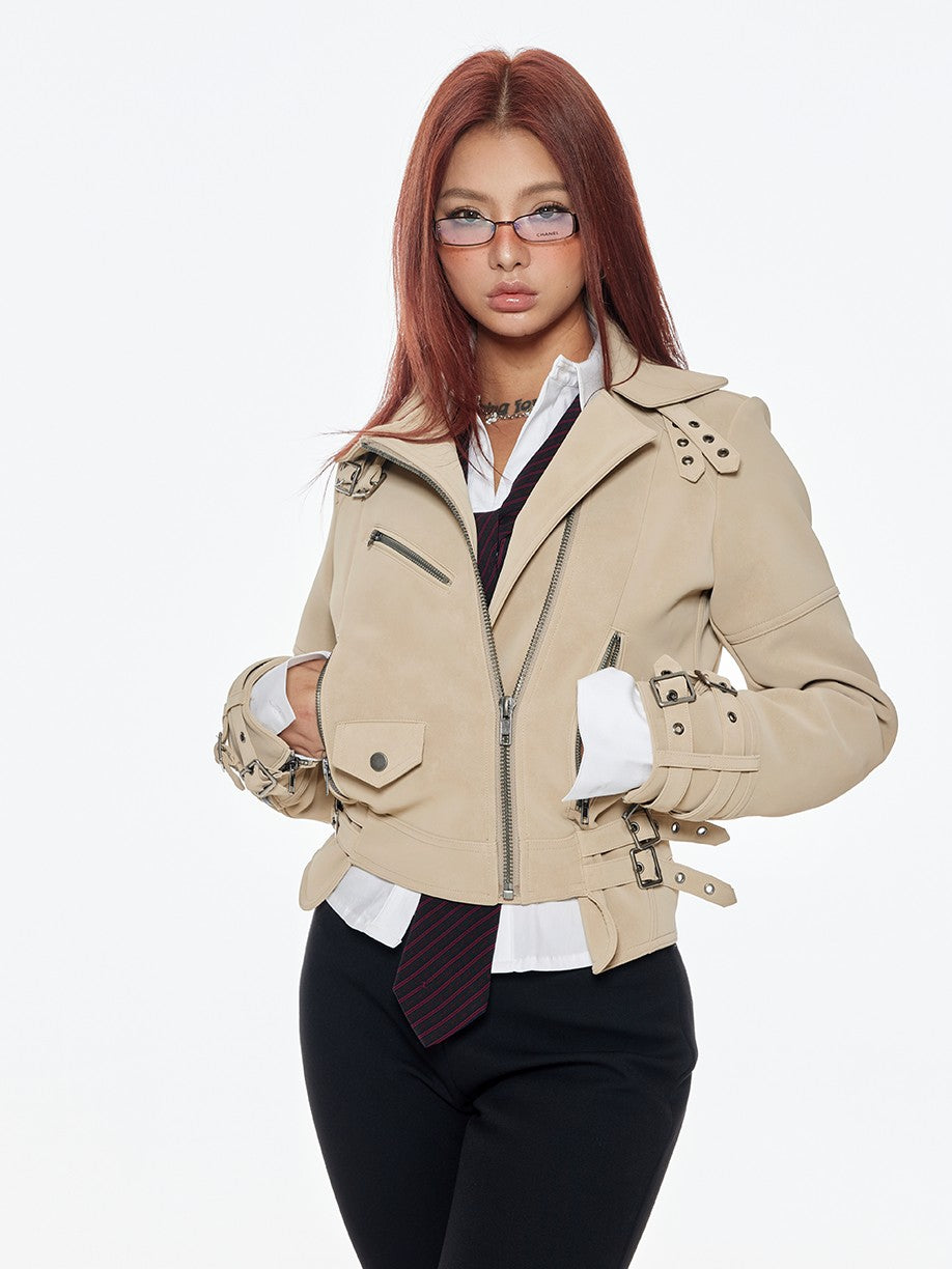 BUM STUDIO Matte Suede Effect Multi Pocket Zipper Slim Short Women's Pu Leather Jackets