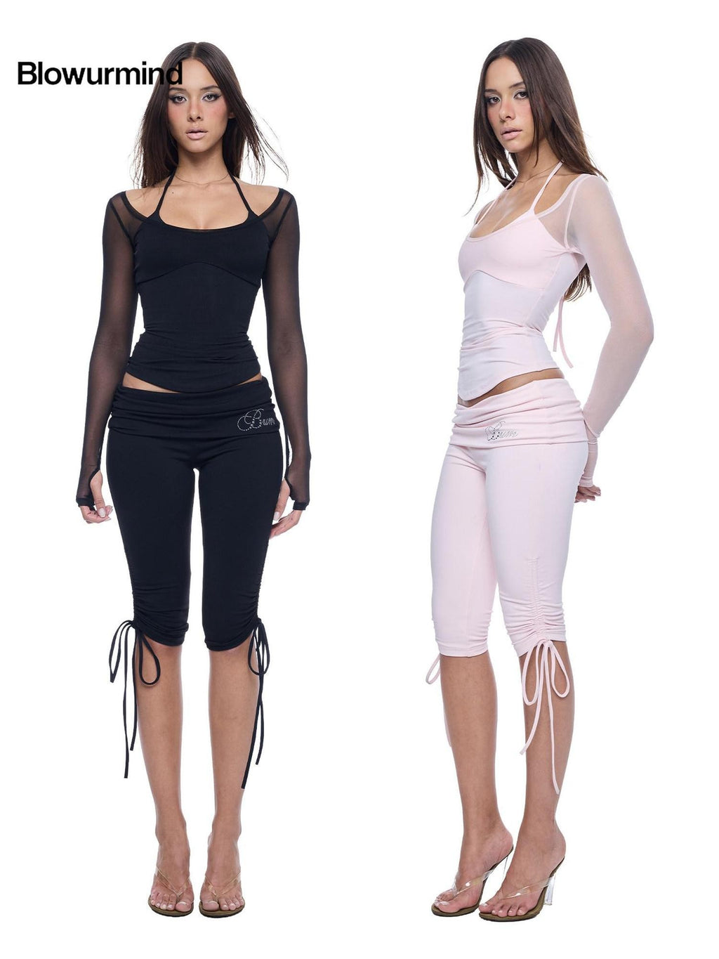 BUM STUDIO Mesh Splice Padded Halter Stud Logo Women's Nylon Sport Top & Shorts Sets