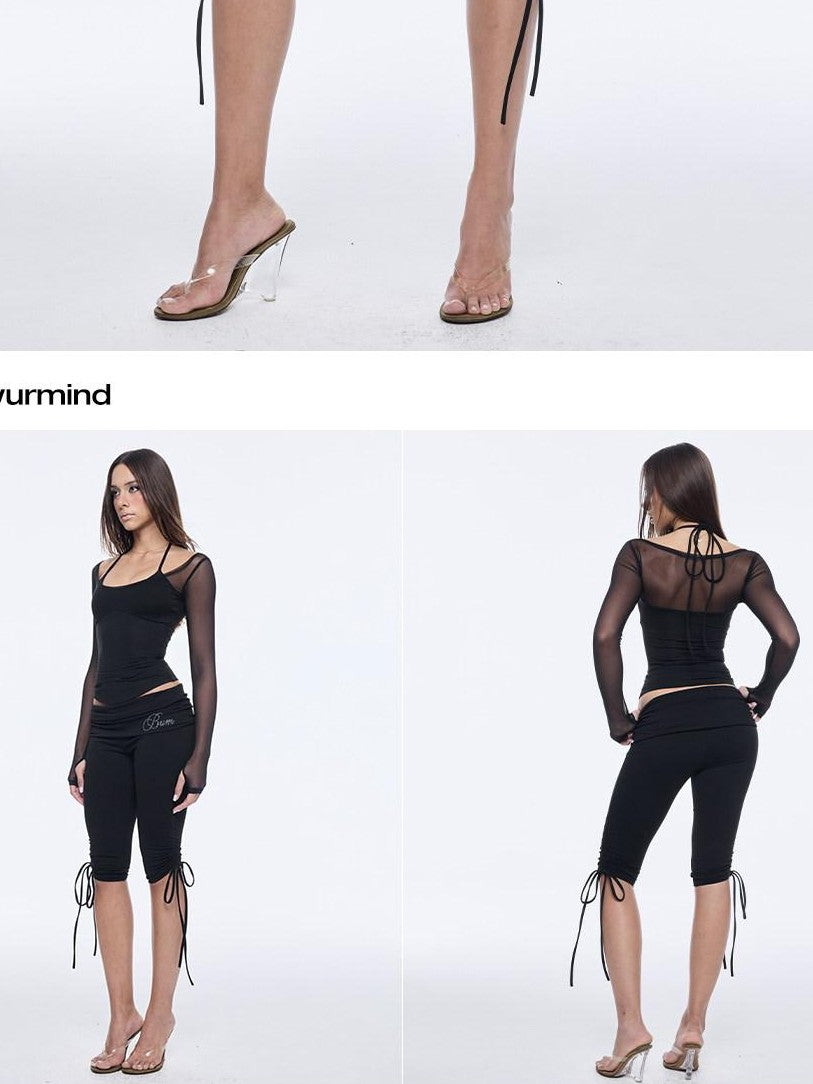 BUM STUDIO Mesh Splice Padded Halter Stud Logo Women's Nylon Sport Top & Shorts Sets