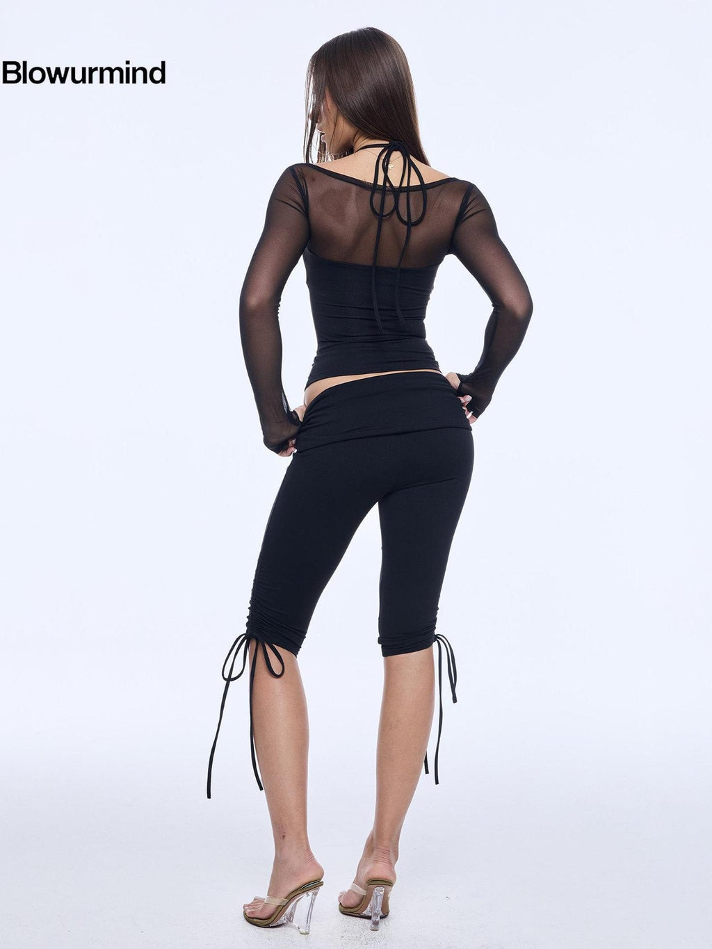 BUM STUDIO Mesh Splice Padded Halter Stud Logo Women's Nylon Sport Top & Shorts Sets