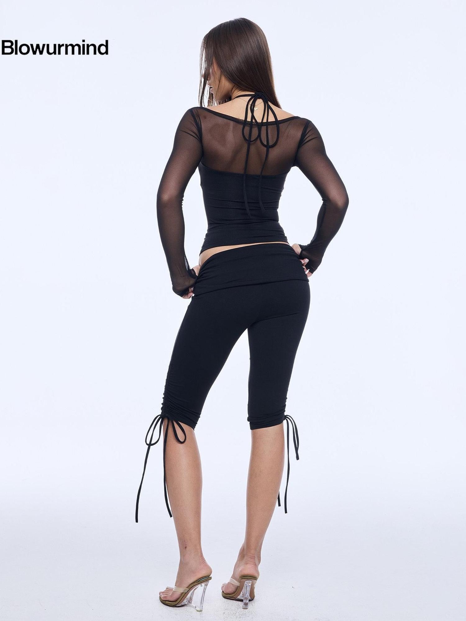 BUM STUDIO Mesh Splice Padded Halter Stud Logo Women's Nylon Sport Top & Shorts Sets