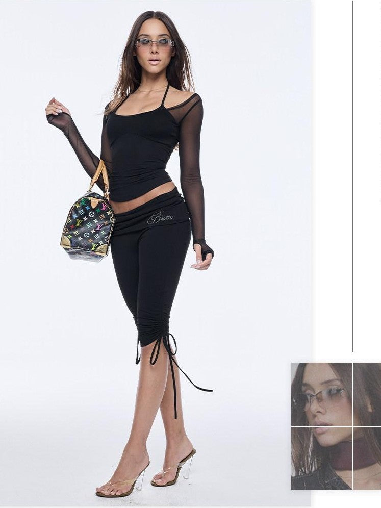 BUM STUDIO Mesh Splice Padded Halter Stud Logo Women's Nylon Sport Top & Shorts Sets