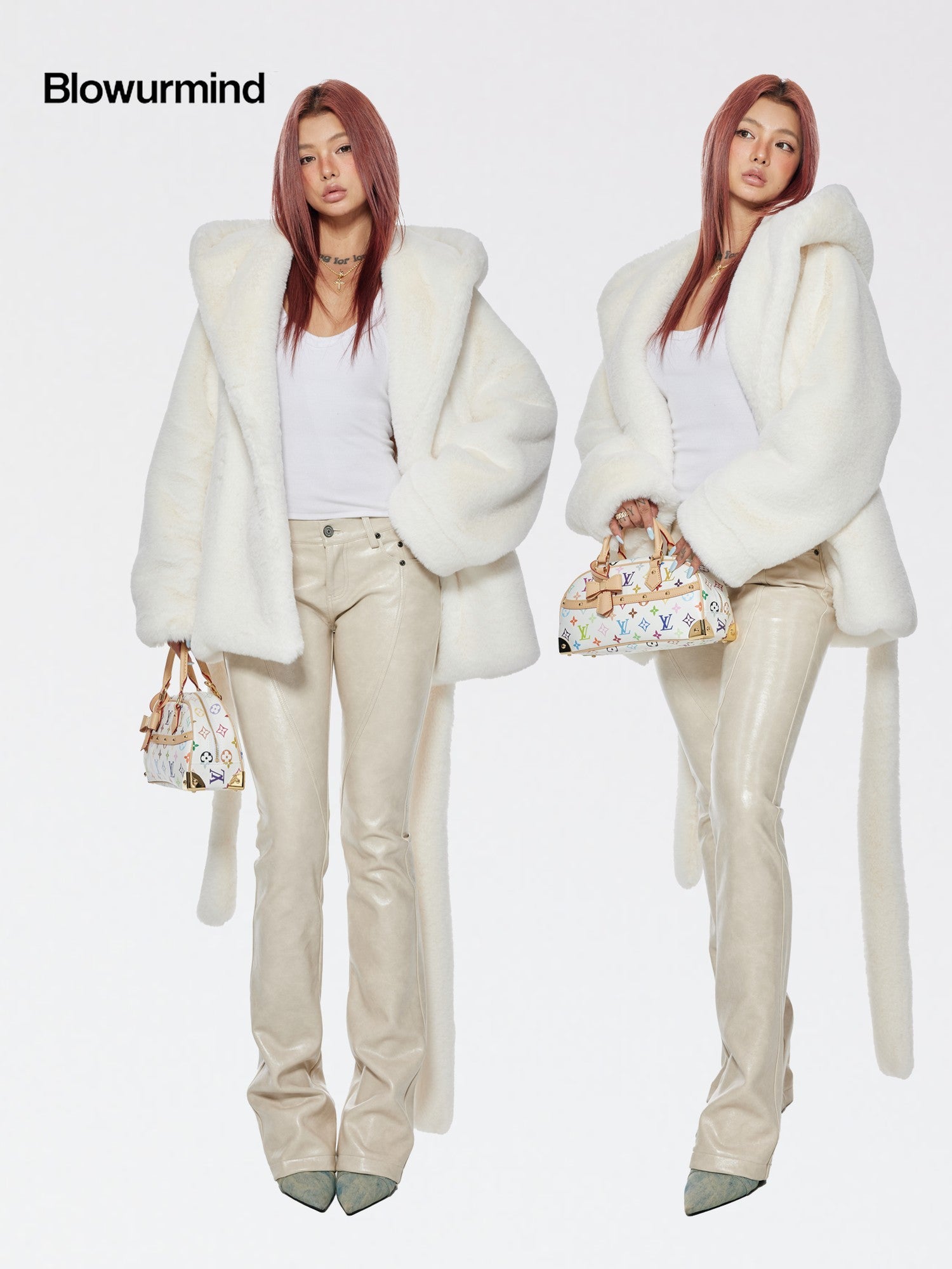 BUM STUDIO Milk White Oversized Hood Lapel Mid Length Loose Women's Faux Fur Wool Coats